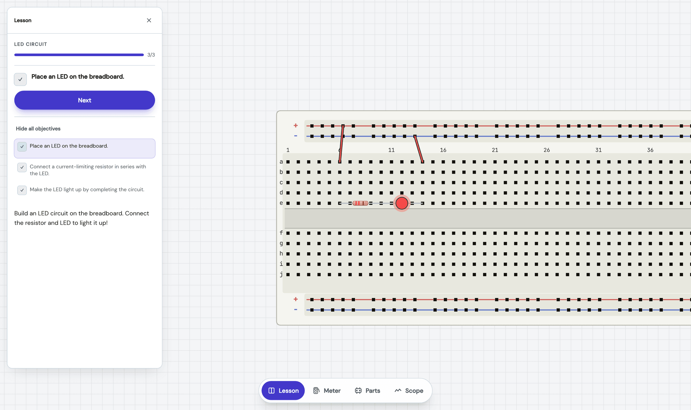 The de:volt Learn lesson player: an LED circuit lesson with three passed objectives beside a live simulated breadboard where the LED is lit.