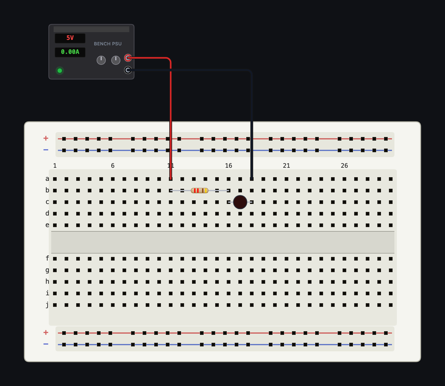 A red LED and series resistor on a breadboard, wired to a bench power supply