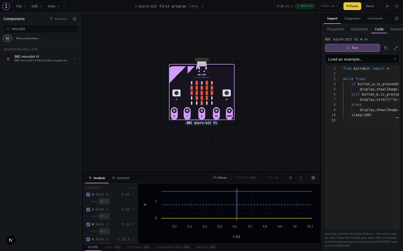 The micro:bit Code tab with a program loaded and the board showing a heart