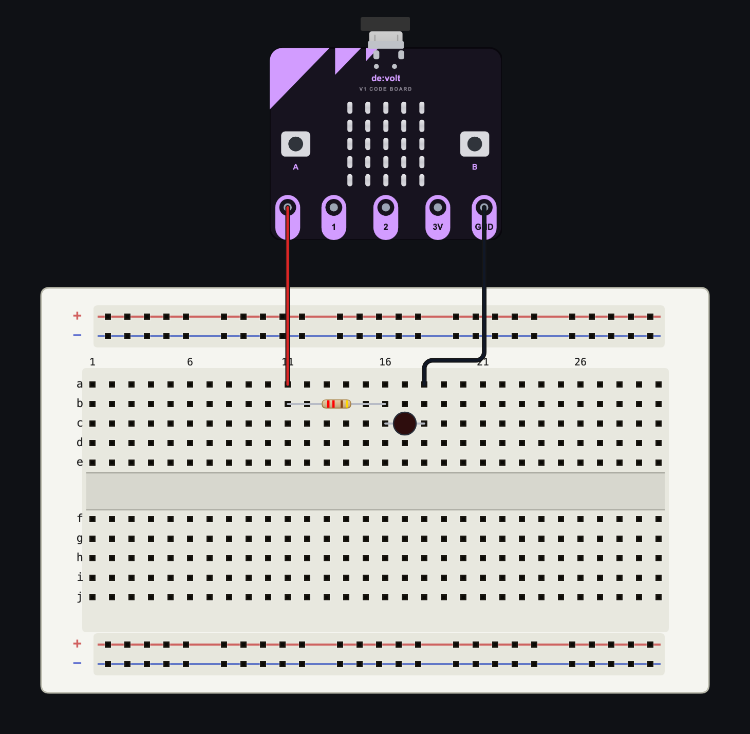 A micro:bit wired to a breadboard LED through a series resistor